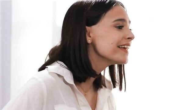 Violet Starr smiling in white blouse, hot office sex thumbnail