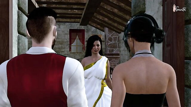 Savita Bhabhi in white draped dress with two men in ancient Roman scene