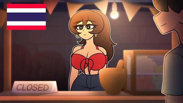 Busty Thai babe Malee in tight red top and jeans at closed night market stall