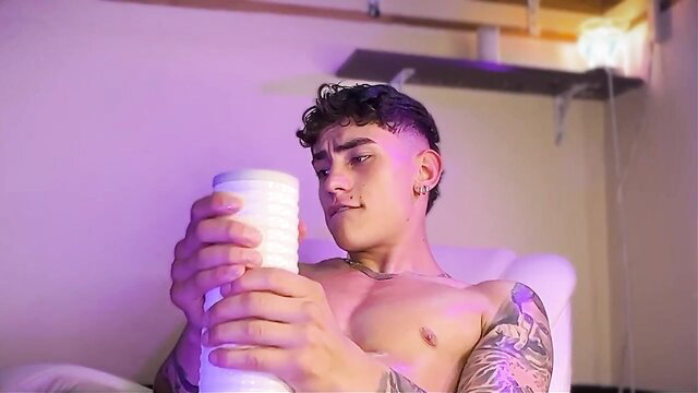 18yo Latino hunk grips Fleshlight masturbating shirtless