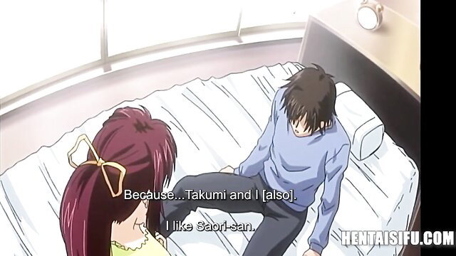 Redhead anime girl confesses love to guy on bed in hentai love triangle