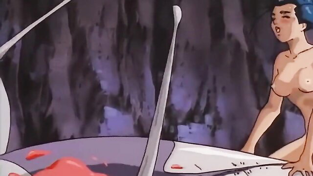 Nude Asian hentai girl with blue hair in intense scene from Youjuu Kyoushitsu Gaiden Ep.6