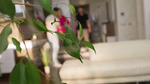 Angelika Grays in MMF threesome with plants framing action