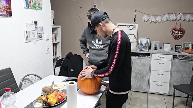 Matteo Martini in Adidas hoodie gropes Halloween pumpkin playfully