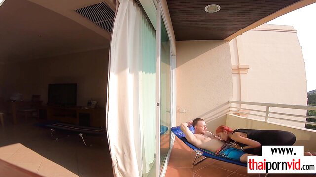 Petite Thai teen teases BF's BWC on balcony lounger