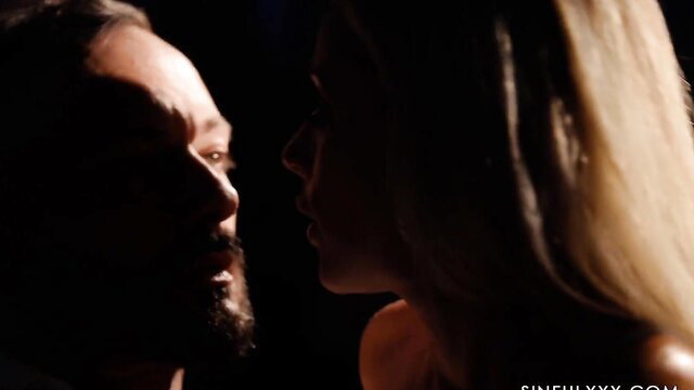 Danielle Renae closeup face-to-face with man in steamy adult scene