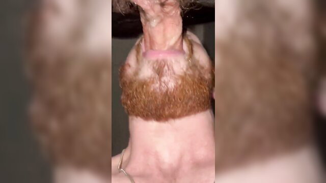 Redhead guy deepthroating cock upside down, intense blowjob closeup