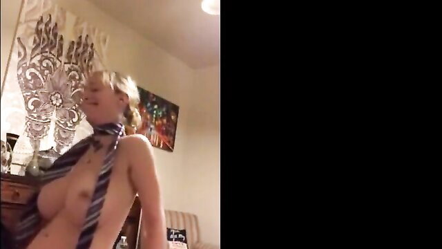 Blonde teen with big natural tits in tie bondage, topless tease