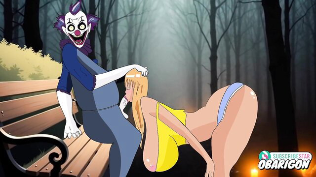 Mizuki bent over, being grabbed by a clown