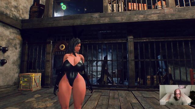 Shiny black latex clad Asian beauty with huge tits and ass in dungeon