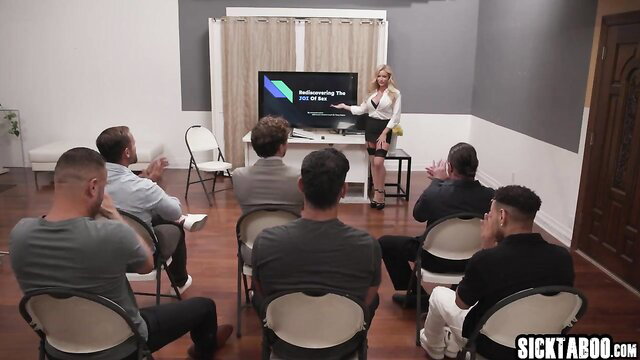 Horny busty blonde mom teaches group of horny guys in short dress