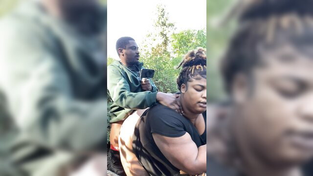 Black couple outdoor sex: guy rides thick wife's huge ass doggystyle in nature