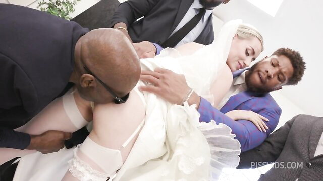 Emily Belle gangbanged by suited black men in wet wedding dress