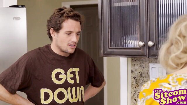 Nina Hartley and Tyler Nixon kitchen foreplay in Get Down shirt