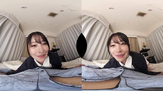 Japanese office lady smiles in split-view POV, blouse open exposing skin