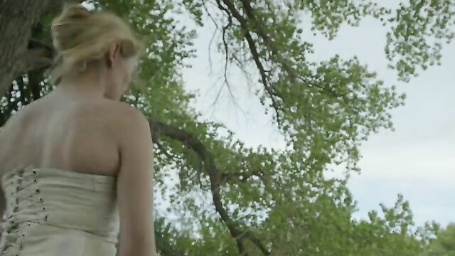 Hannah James back view in sexy laced white dress outdoors, nude tits celebs