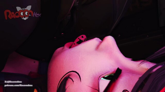 Closeup of seductive pink-skinned anime girl with ladybug on nose, from Spider vs Squirrel hentai