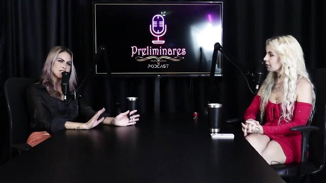 Kyra and Bia Hawt lesbian podcast interview in sexy dresses