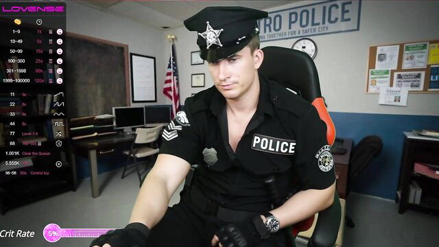 Muscular white cop in tight uniform unbuttons shirt on cam