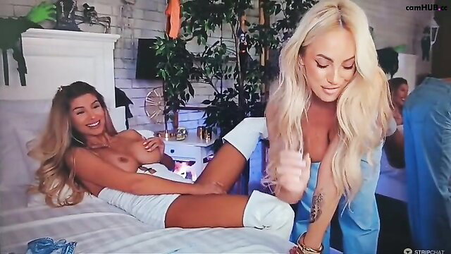 Blonde and brunette babes nude lesbian show on bed