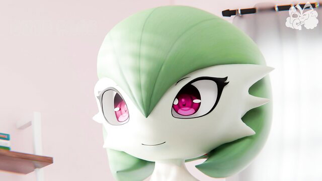 Cute chibi Gardevoir plushie with pink eyes smiling seductively
