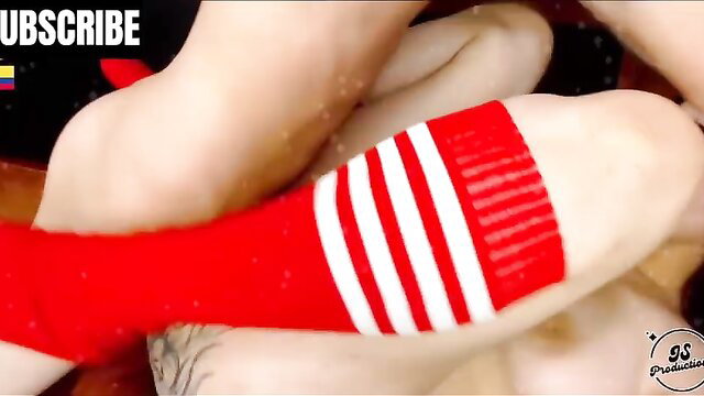 Colombian MILF legs in red white striped socks spread wide