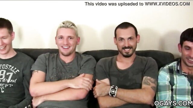 Four smiling young men on couch in circle jerk thumbnail
