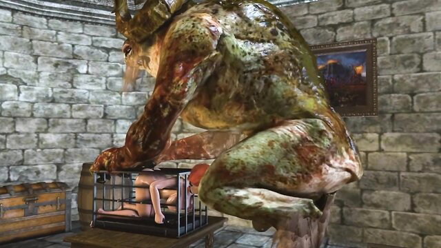 Triss Merigold caged, throat fucked by giant green monster cock