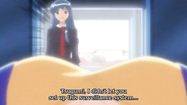 Busty anime girl in uniform scolds servant over surveillance system