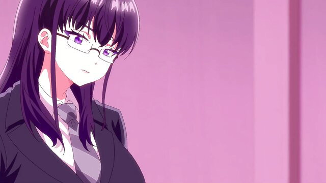 Purple-haired busty hentai teacher in suit glasses smirks seductively