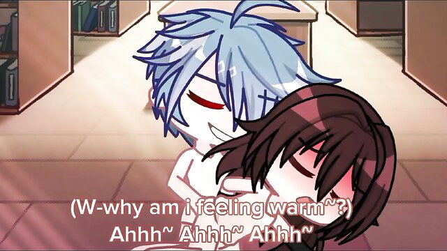 Gacha porn: Blue-haired twink hugs & moans with brown-haired friend in library