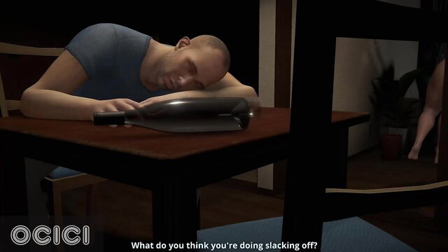 Bald man asleep at table as woman scolds him in Next Door Sofa Sex preview