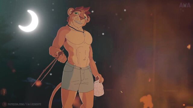 Muscular red fur anthro lion male in shorts, fireside night scene