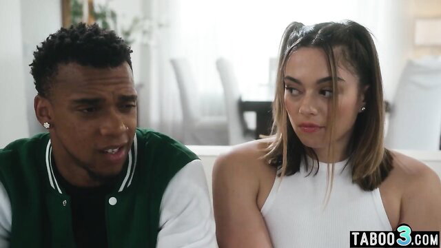 Mixed teen girl and black bf on couch in taboo threesome preview