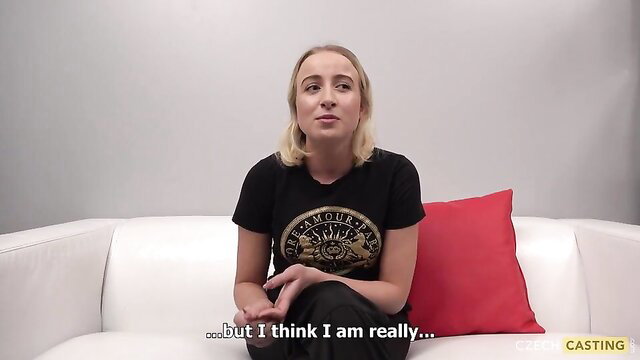 Charming Czech blonde in tight black Mount logo tee on casting couch