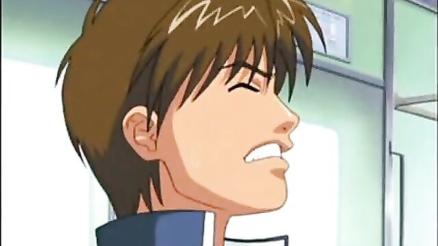 Anime guy with spiky brown hair snarling in JAV bad end sex scene