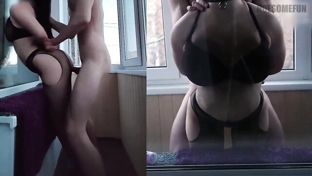 Hot couple caught fucking on balcony, big tits brunette in stockings