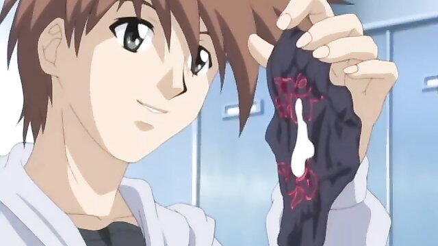 Anime boy holding cum-stained black panties in JAV Wife with Wife Ep.1