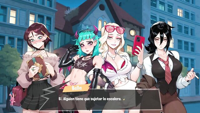 4 sexy anime girls in school outfits posing seductively outside school