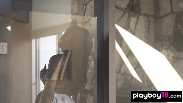 Passionate ebony silhouette teases black slit in sunny room