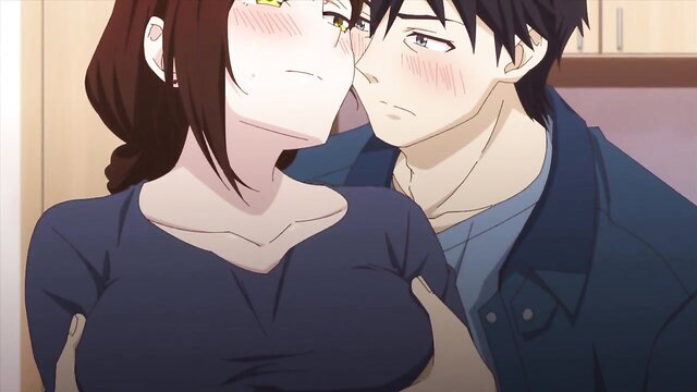 Blushing anime MILF with huge tits presses face to embarrassed guy's cheek in kitchen tease