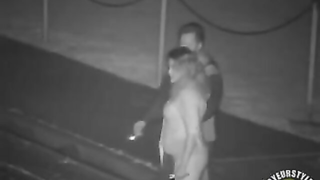 Blonde fat whore groped by man on cam, peeing outdoors