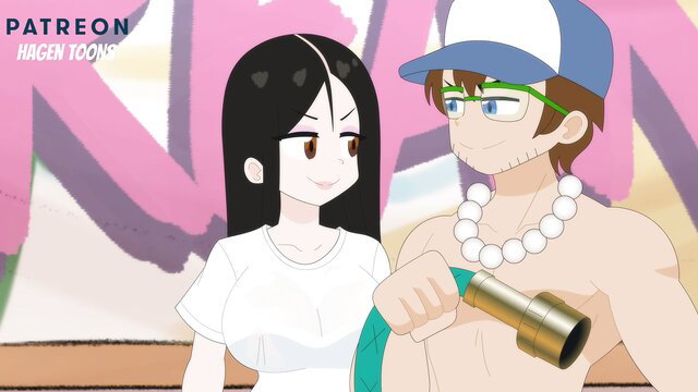 Audrey in wet t-shirt contest with buff guy, anime hentai style