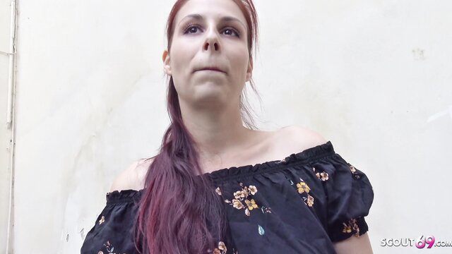 Antonia Sainz redhead teen in off-shoulder dress, German Scout street pickup