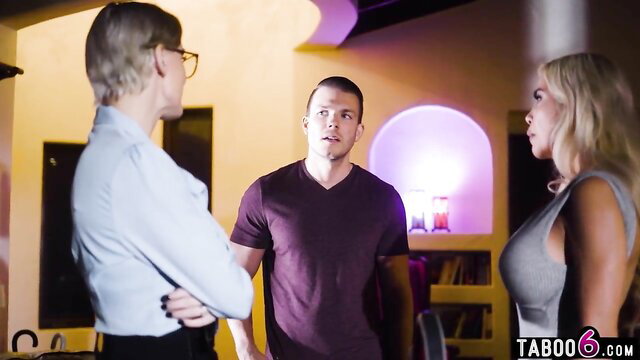 Kenzie Taylor and Caitlin Bell MILF stepmoms confront stepson in tense taboo threesome setup