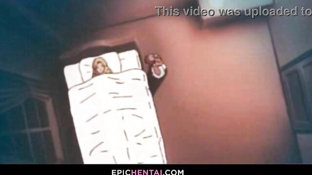 Blonde hentai maid sleeping in bed, dimly lit bedroom scene