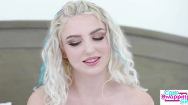 Hot blonde stepsis with blue streaks licks popsicle teasing dick sucking