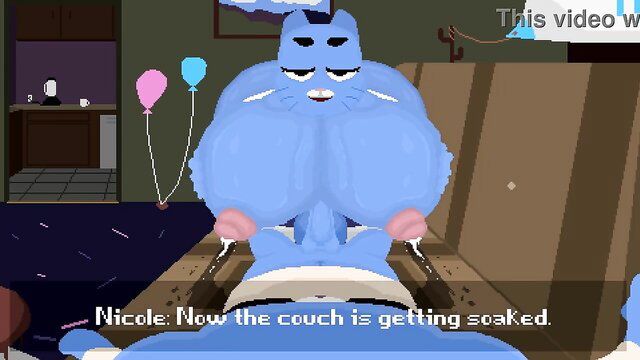 Blue cartoon catgirl Nicole soaks couch with squirting pussy juices