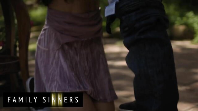 Abbie Maley in purple wrap skirt outdoor tease with step cousin - Family Sinners
