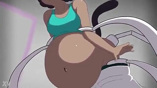 Pregnant black catgirl bound in machine for extreme belly inflation fetish